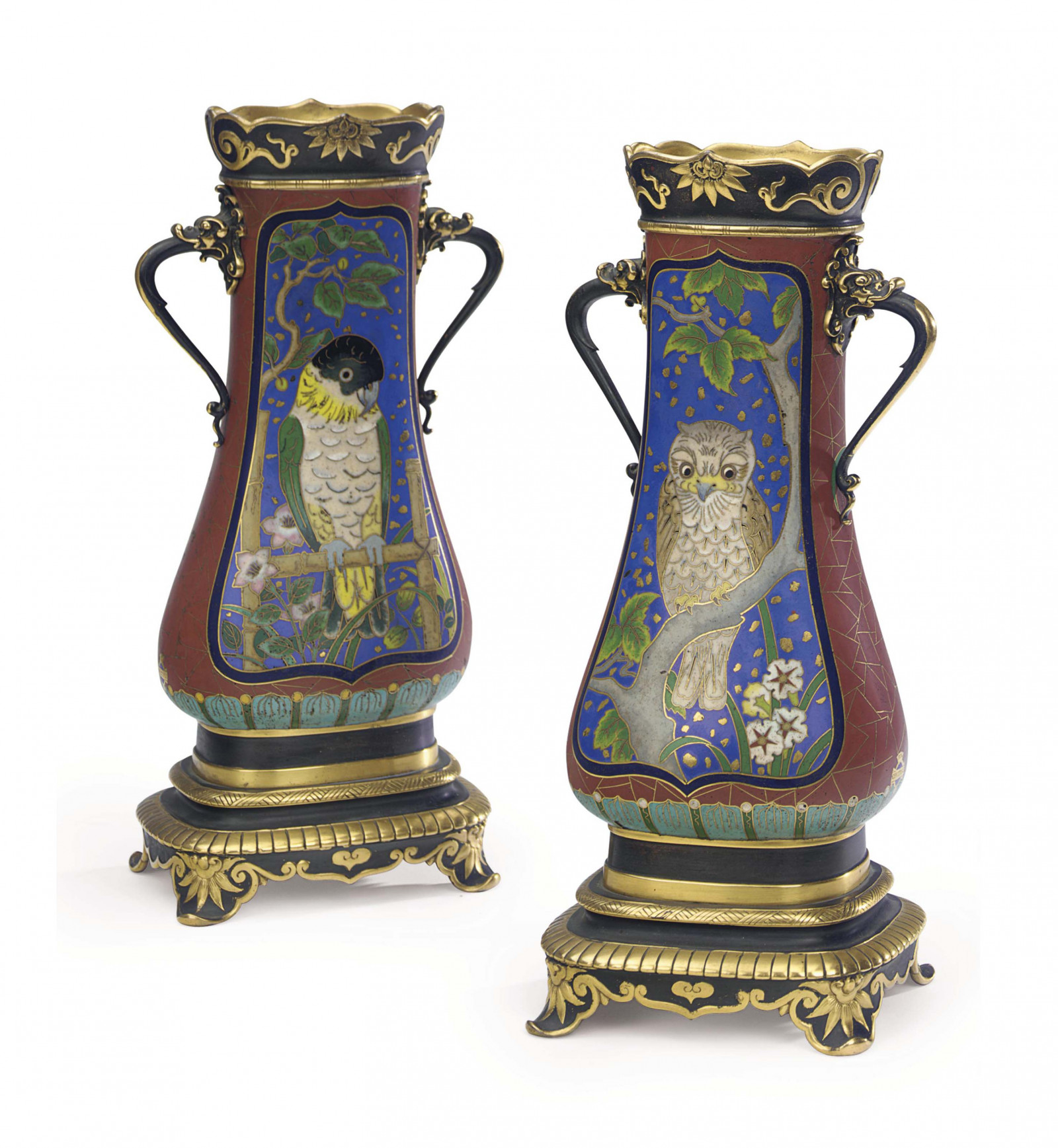 A PAIR OF FRENCH PARCEL-GILT, PATINATED BRONZE AND CLOISONNE ENAMEL VASES.jpg