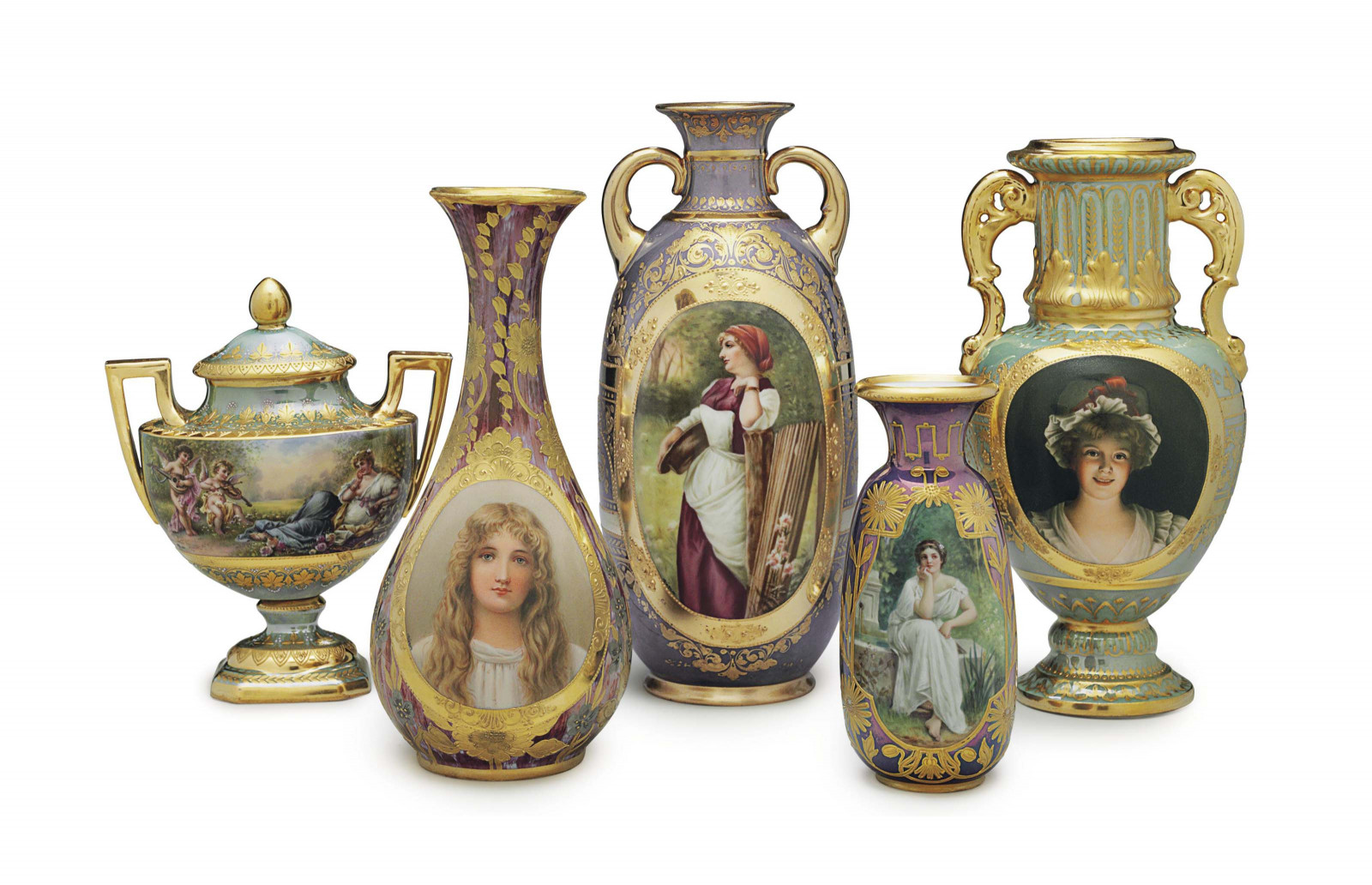 FIVE VIENNA STYLE PORCELAIN VASES.jpg