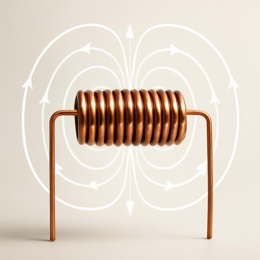 Схематичное изображение магнитного поля вокруг катушки индуктивности при прохождении тока.