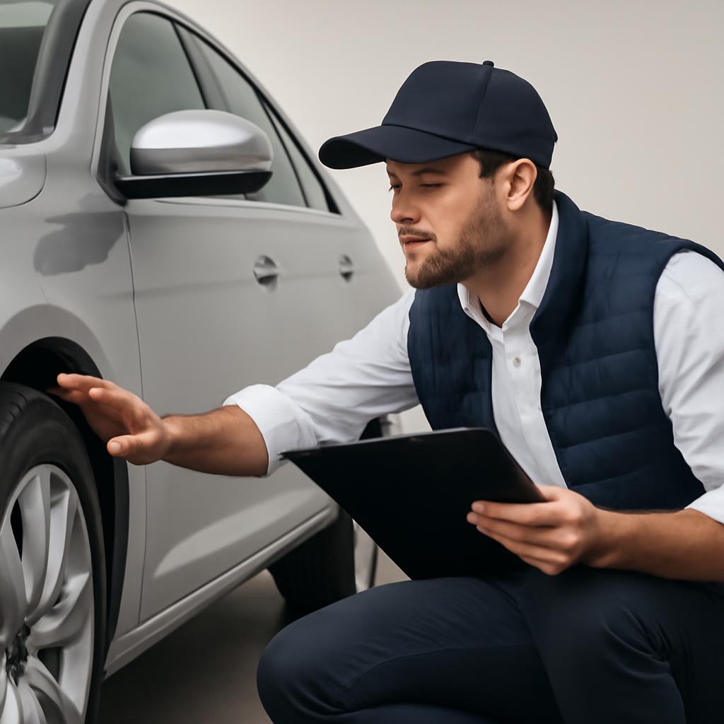 Специалист проводит осмотр автомобиля для оценки его стоимости перед выкупом