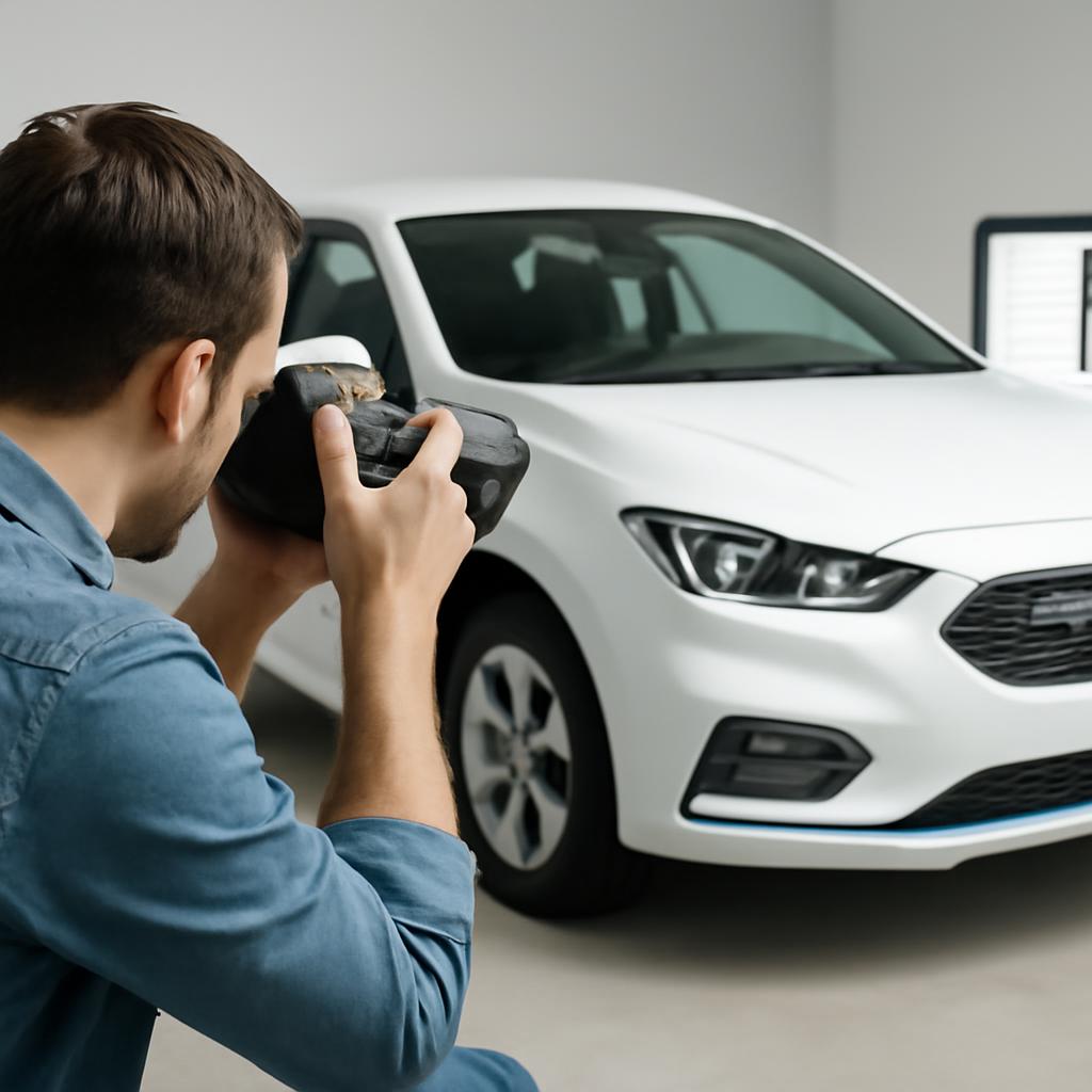 Процесс фотографирования белого автомобиля для продажи на онлайн-площадке