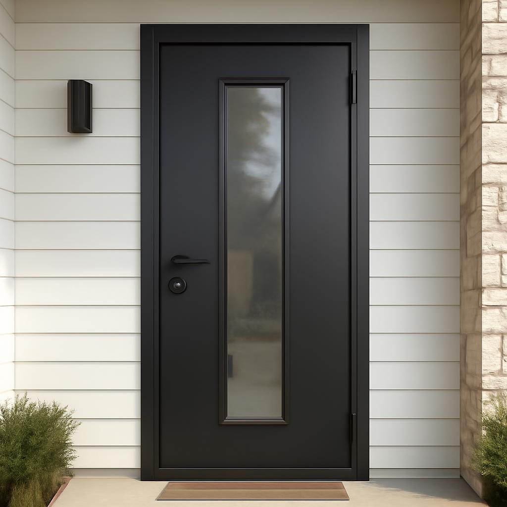 Современная металлическая входная дверь с темной отделкой и стеклянной вставкой в экстерьере загородного дома
