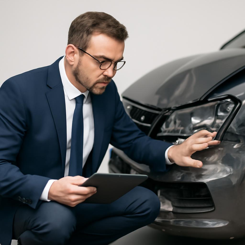 Эксперт осматривает повреждения автомобиля после ДТП