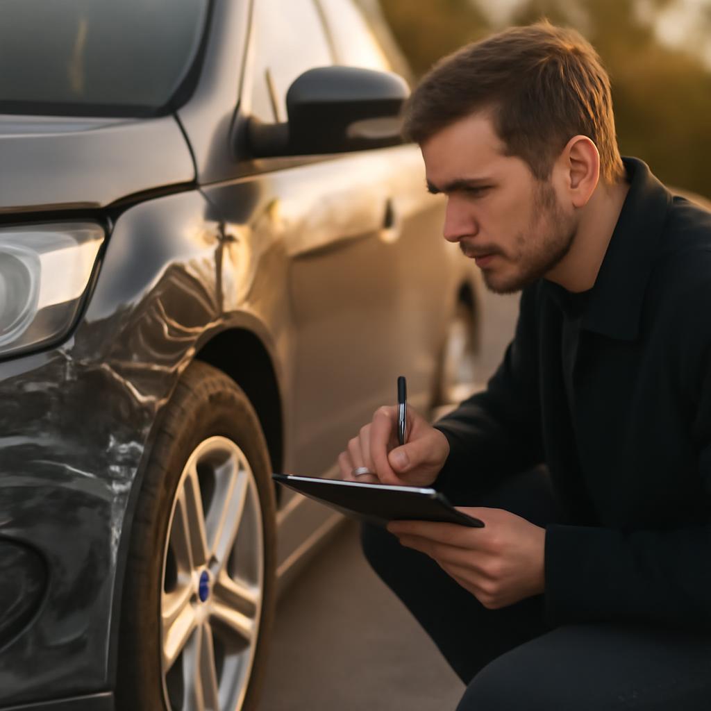 Специалист оценивает повреждения автомобиля для выкупа