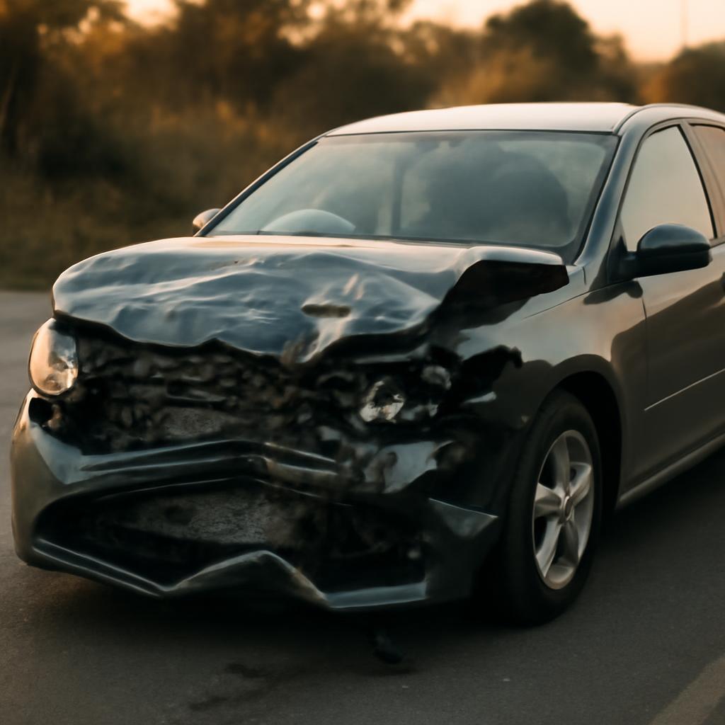 Поврежденный автомобиль после ДТП на дороге