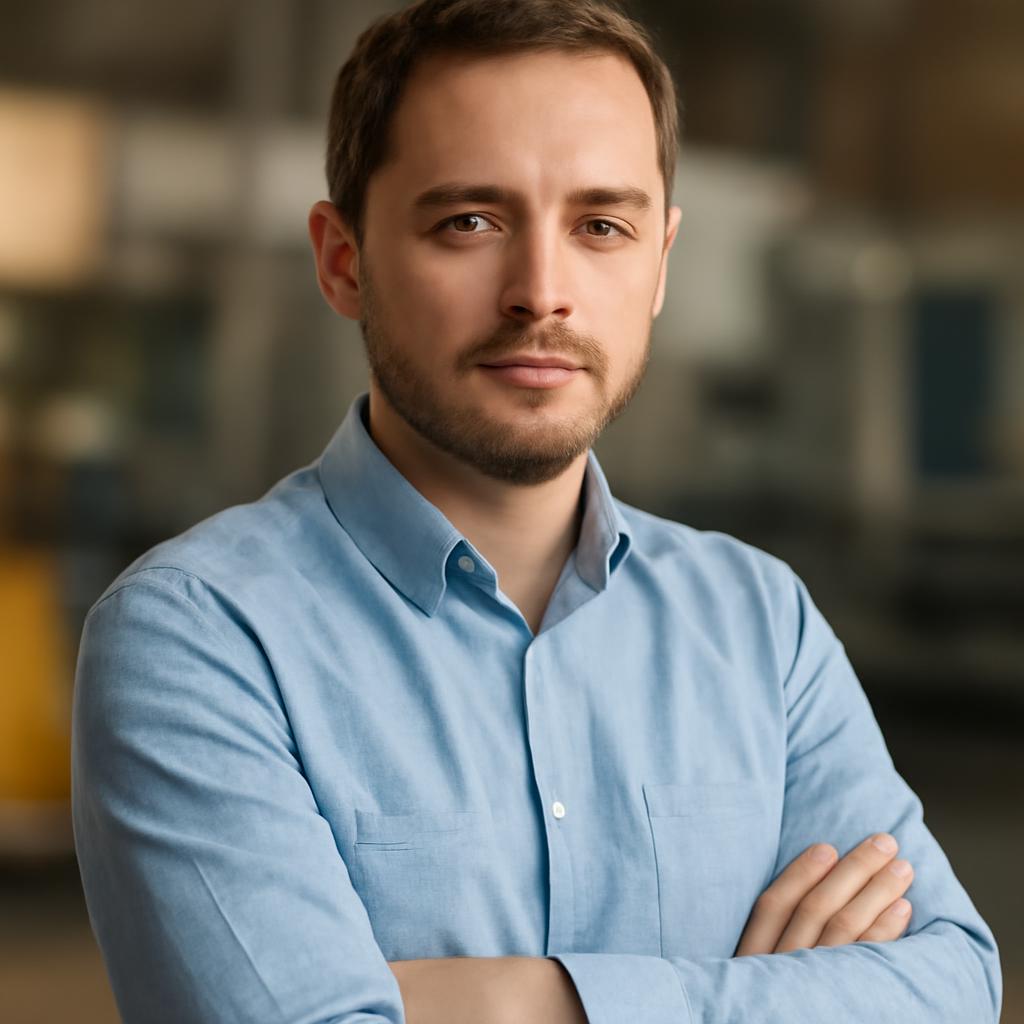 Дмитрий Козлов — портрет специалиста по автоматизации производства в студии с фокусом на уверенную позу