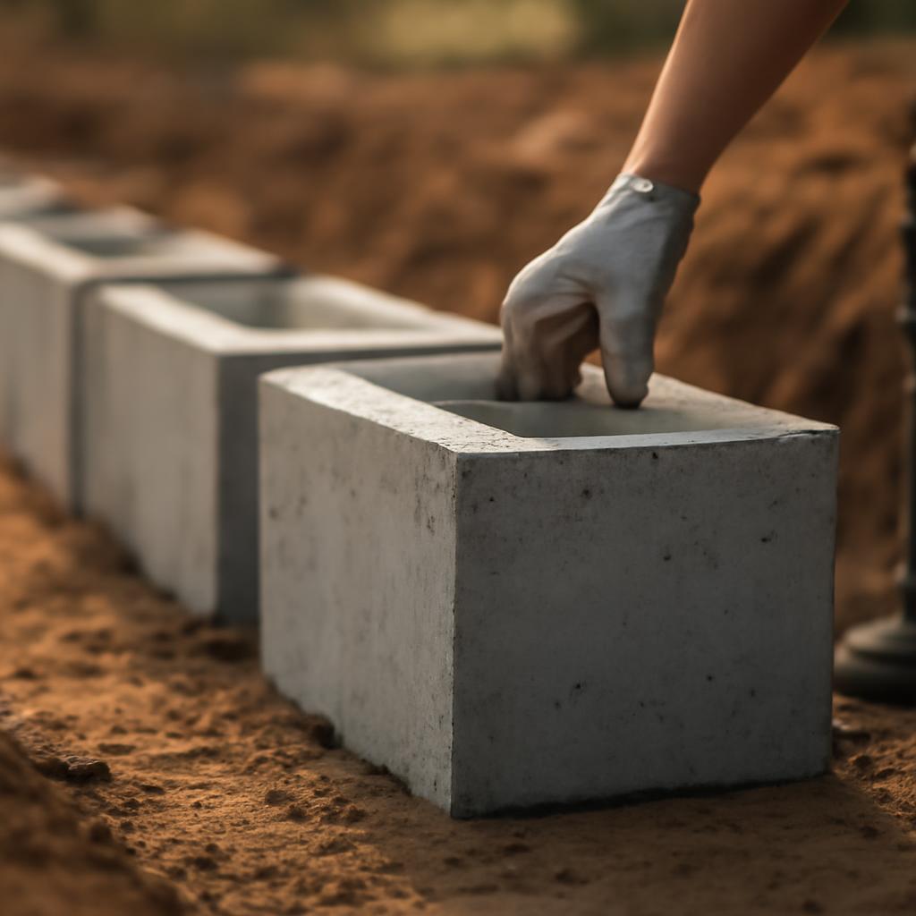 Укладка первого ряда блоков ФБС для бассейна