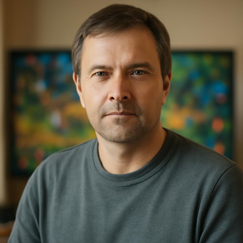 Дмитрий Козлов — портрет автора статьи, мужчина средних лет в casual одежде на фоне игрового экрана