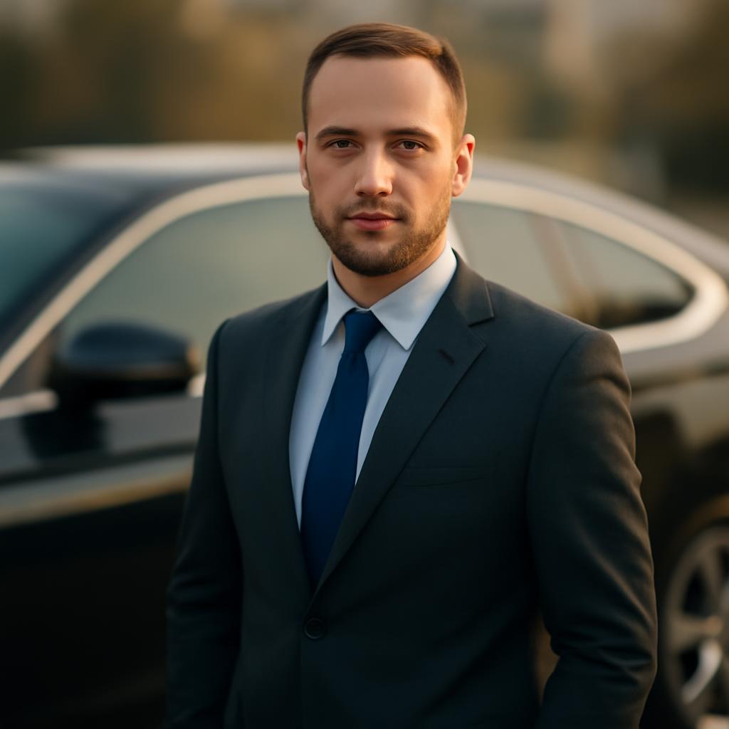 Дмитрий Соколов — фото эксперта в деловом костюме на фоне автомобиля