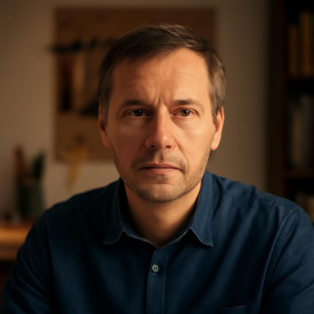 Олег Козлов — портрет автора статьи в рабочем кабинете с инструментами