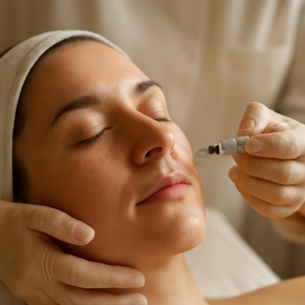 Косметолог проводит мезотерапию лица: инъекции микроиглой в кожу