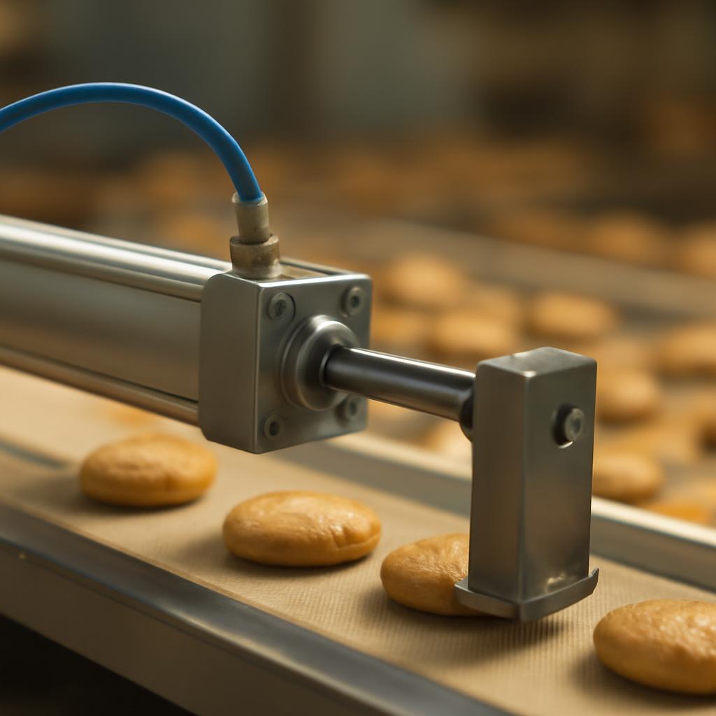 Пневмоцилиндр в работе на конвейере пищевой промышленности