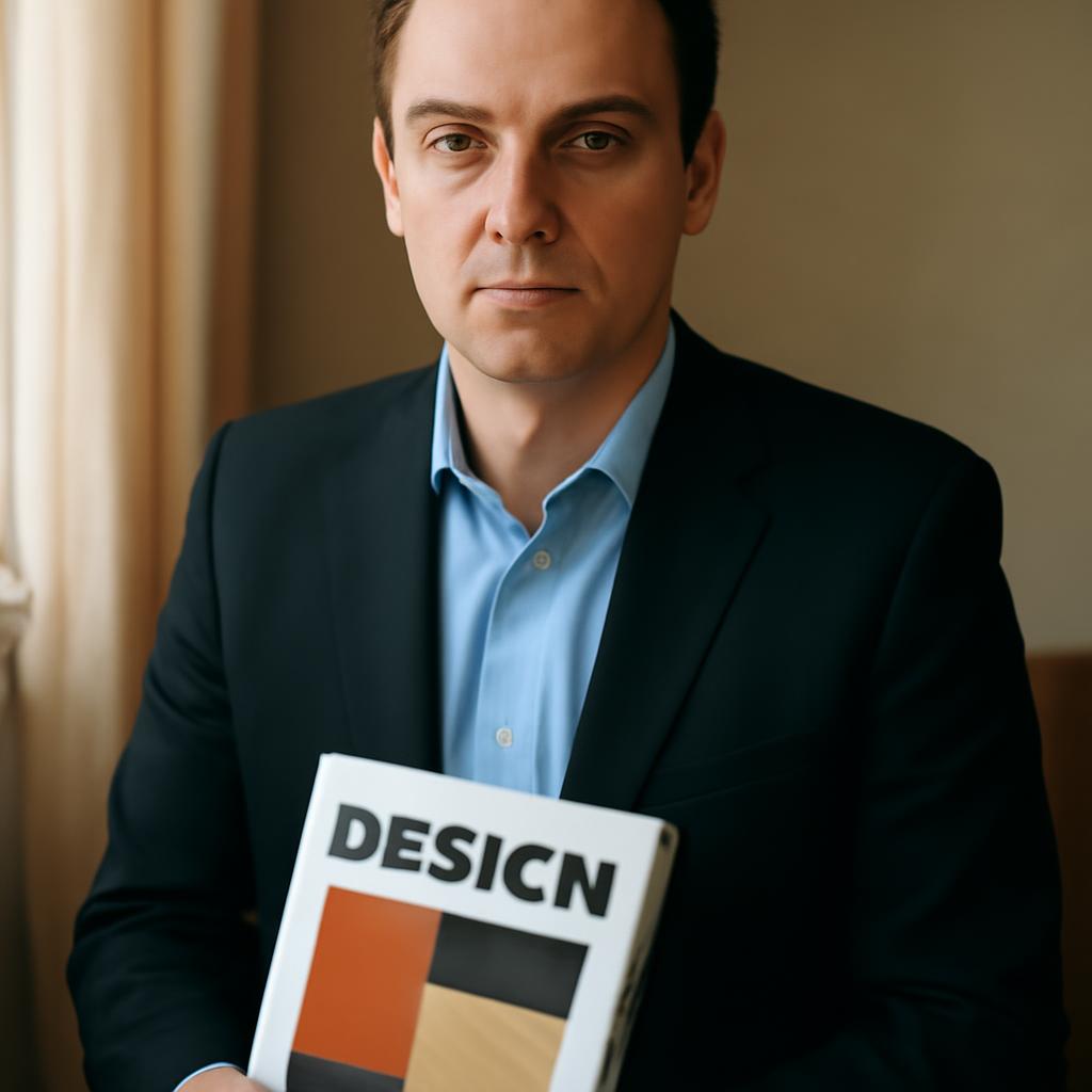 Дмитрий Козлов — портрет автора в деловом стиле с книгой по дизайну