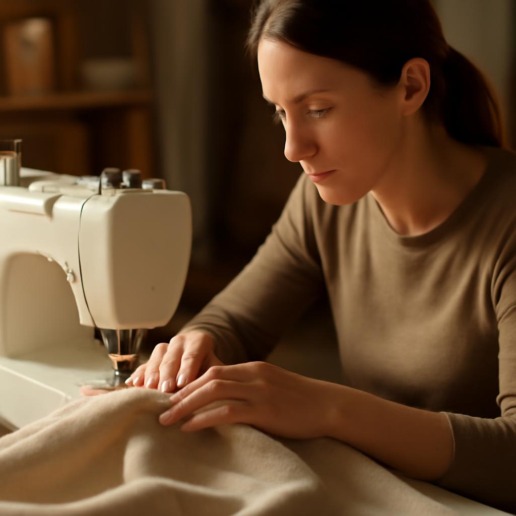 Женщина шьет шторы за швейной машиной в домашней мастерской