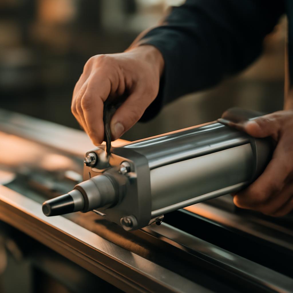 Процесс монтажа пневмоцилиндра на производственной линии