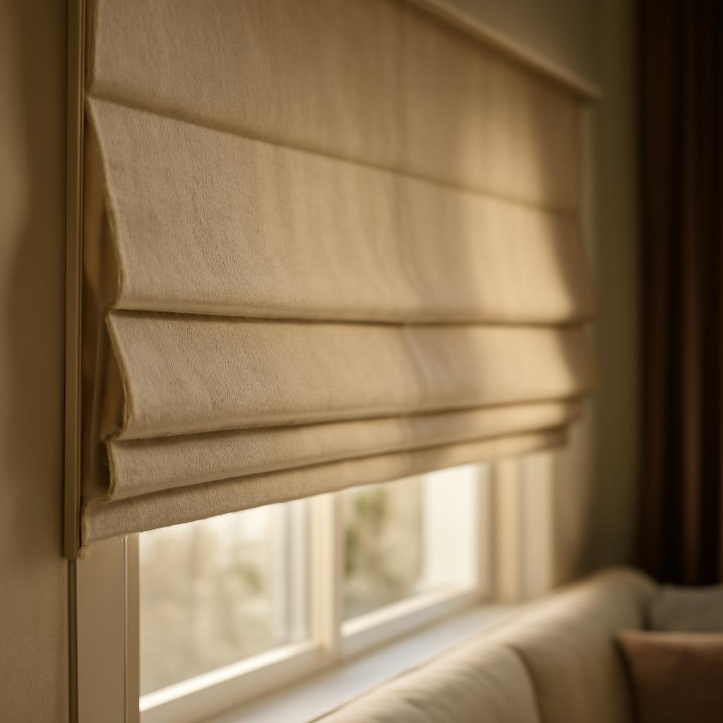 Римские шторы, установленные на шторный карниз в гостиной