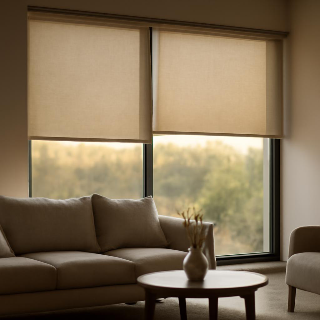 Рулонные шторы на панорамном окне в современной гостиной