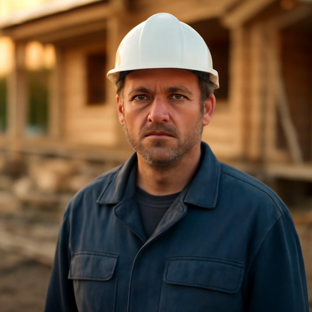 Сергей Воронин &mdash; портрет инженера в рабочей одежде на фоне строительной площадки сауны