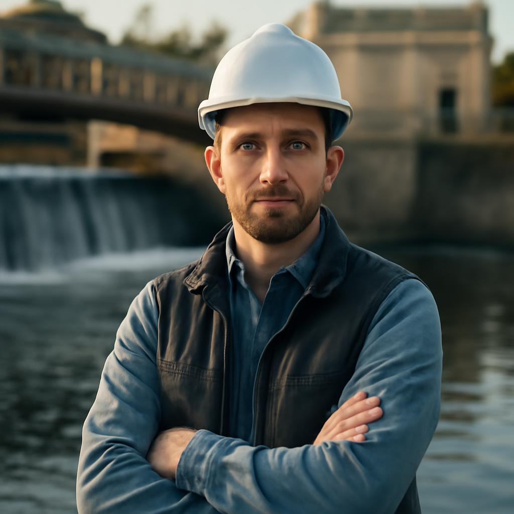Дмитрий Соколов — портрет инженера-гидротехника в профессиональной среде с элементами водных конструкций