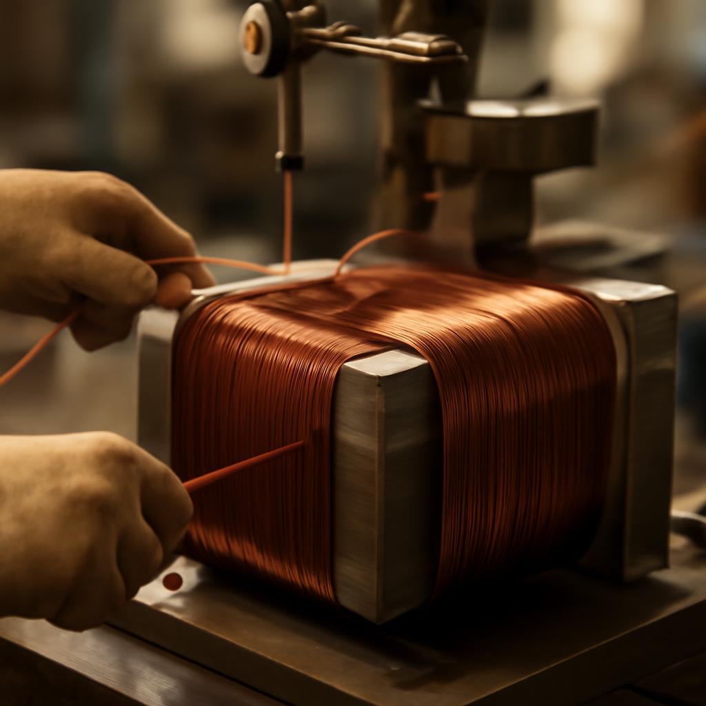 Процесс намотки обмоток трансформатора на производственной линии