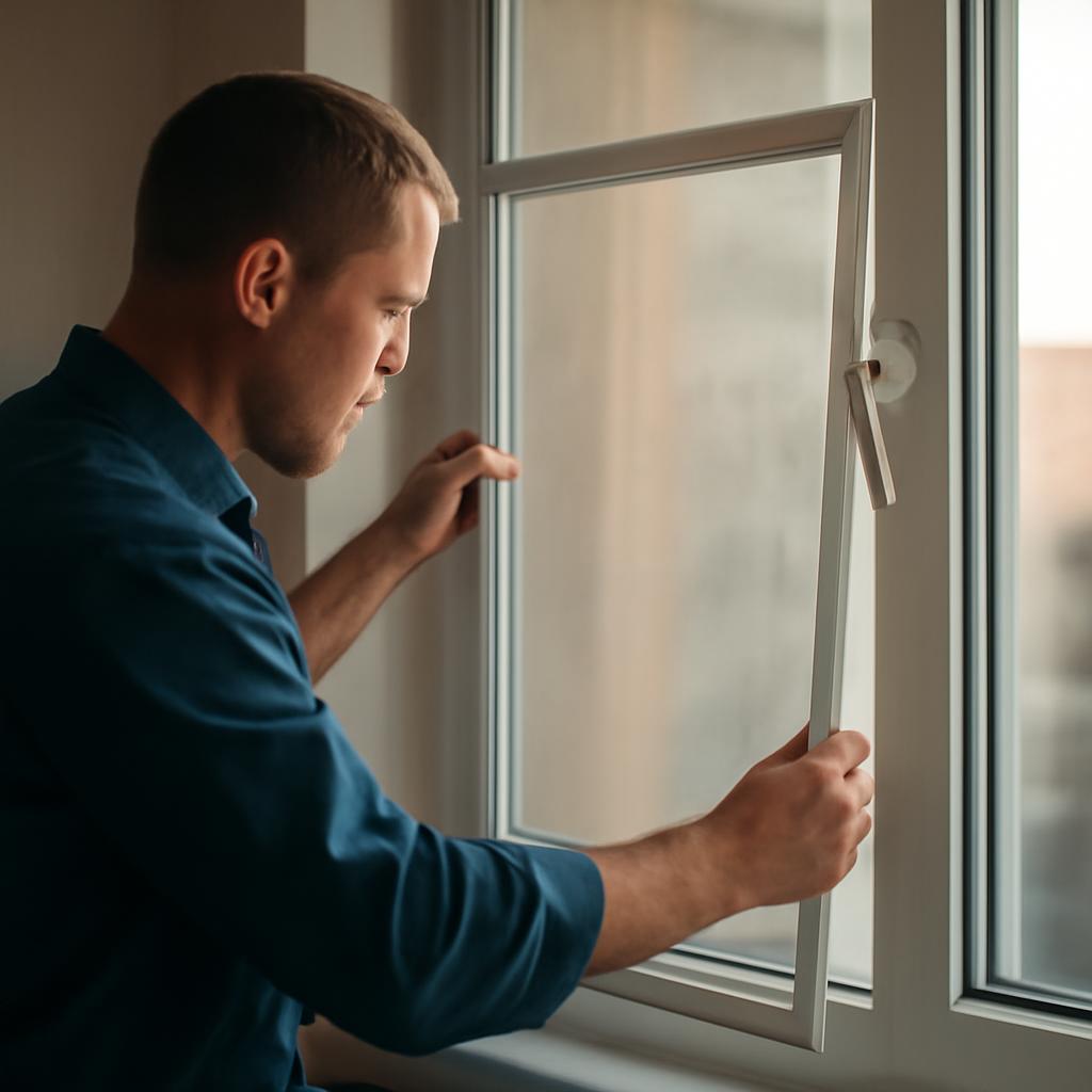 Мастер устанавливает москитную сетку на пластиковое окно в московской квартире
