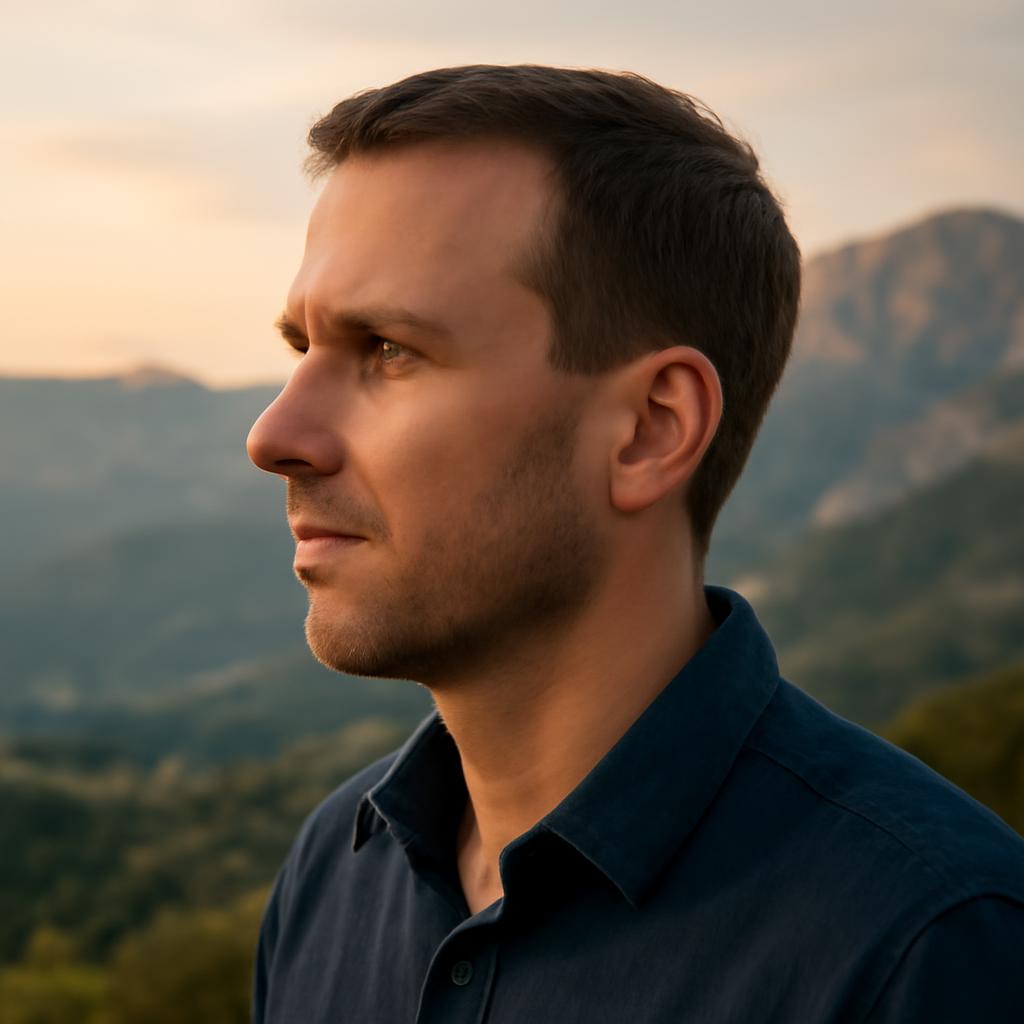 Дмитрий Соколов — портрет эксперта в профиль с видом на горы Крыма