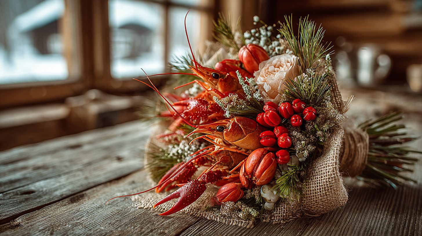 Букет с раками и колбасами как сюрприз для мужчины в Томске