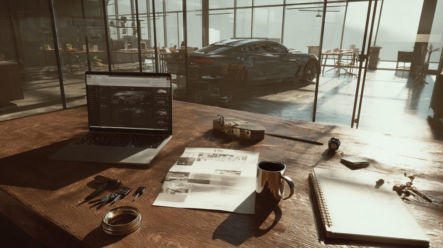 Фотореалистичное изображение современного офиса по оценке автомобилей: в центре композиции средний план с деревянным столом, на котором лежи