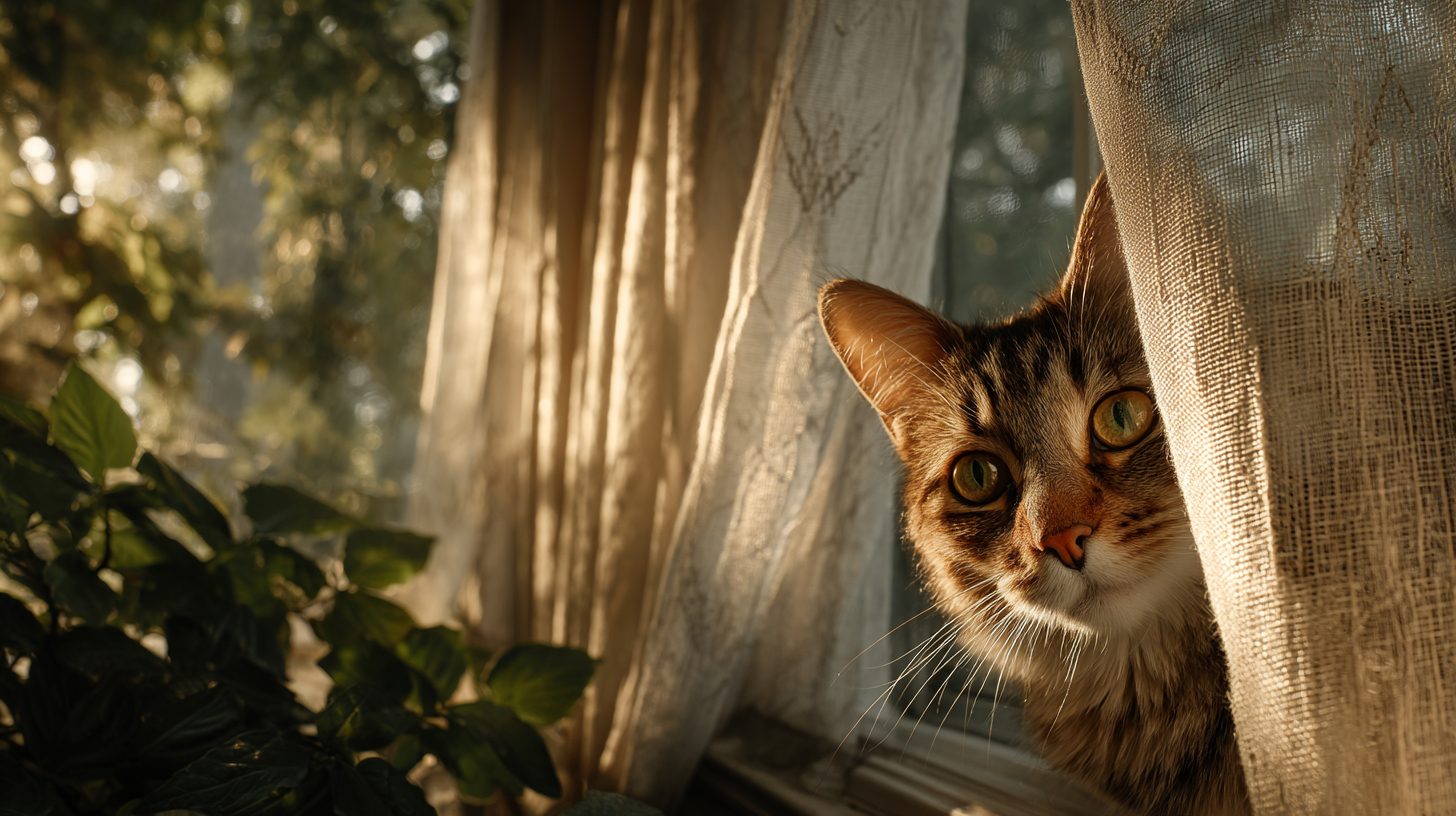 Усиленная москитная сетка на окне, защищающая кота от падения