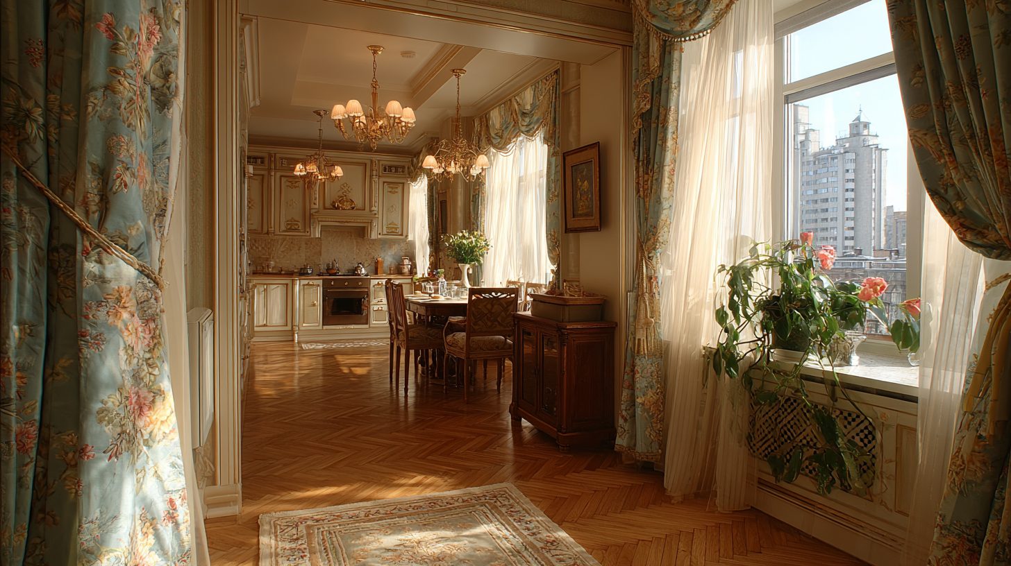 Различные варианты текстиля для окон в комнатах российской квартиры