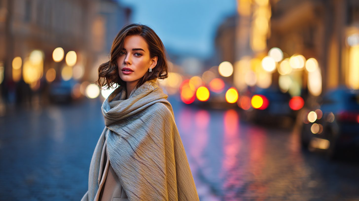 Женщина в стильном образе с палантином из кашемира на фоне городской улицы