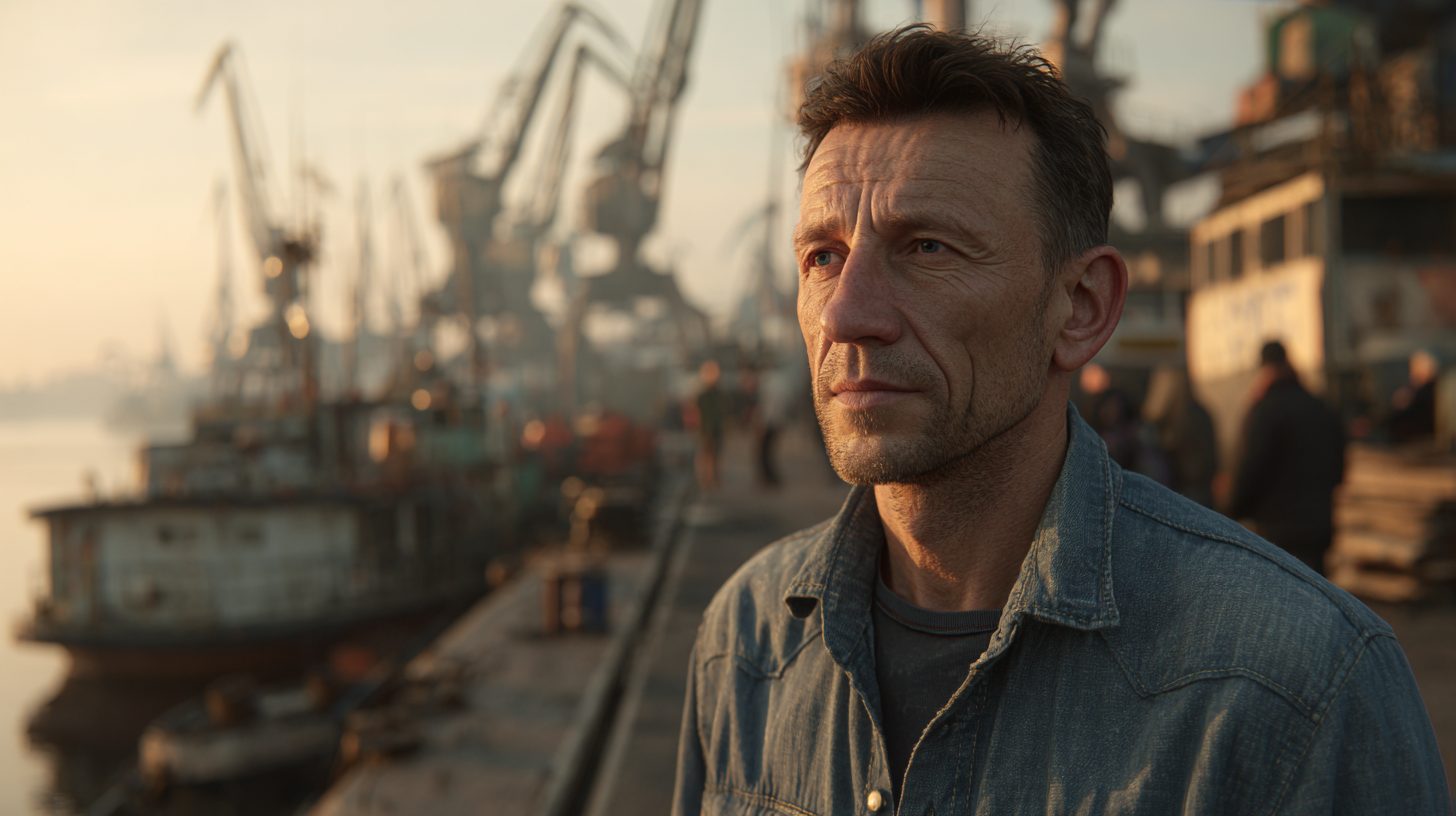 Дмитрий Соколов — реалистичный портрет мужчины средних лет на фоне речного порта в повседневной рубашке и брюках