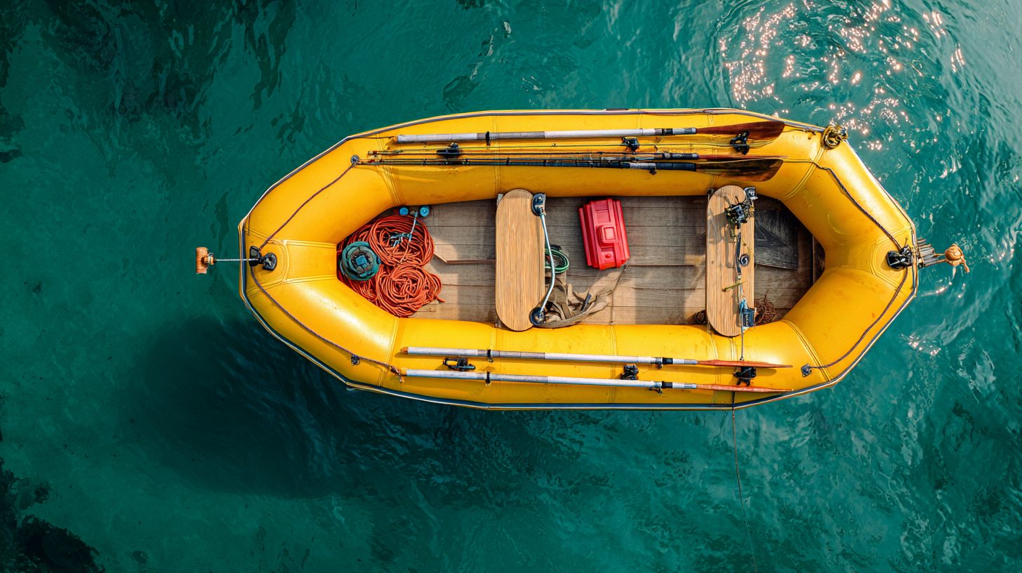 Вид сверху на надувную лодку ПВХ с оборудованием