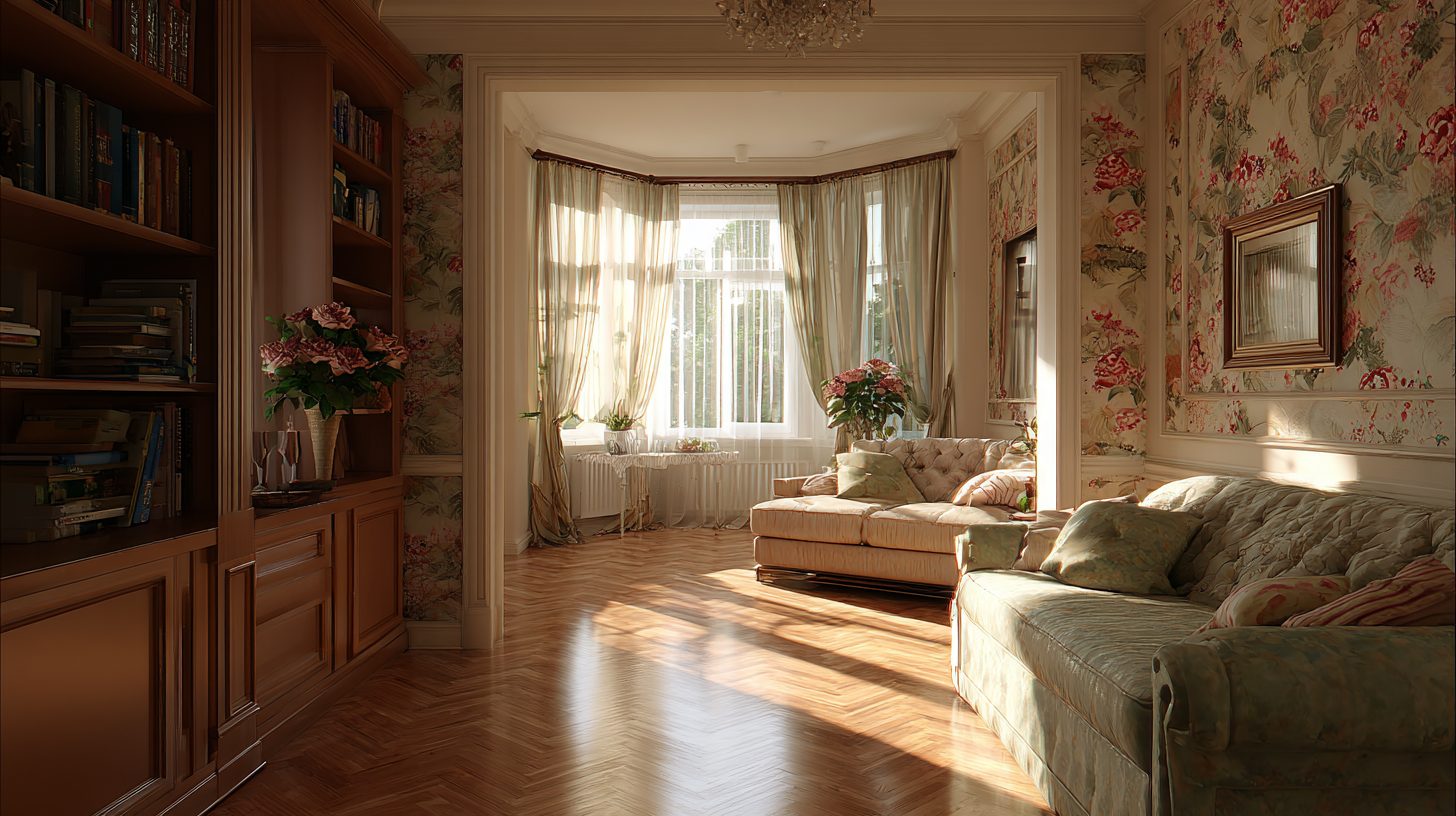 Материалы и отделка интерьера коттеджа: паркет и обои в гостиных и приватных зонах