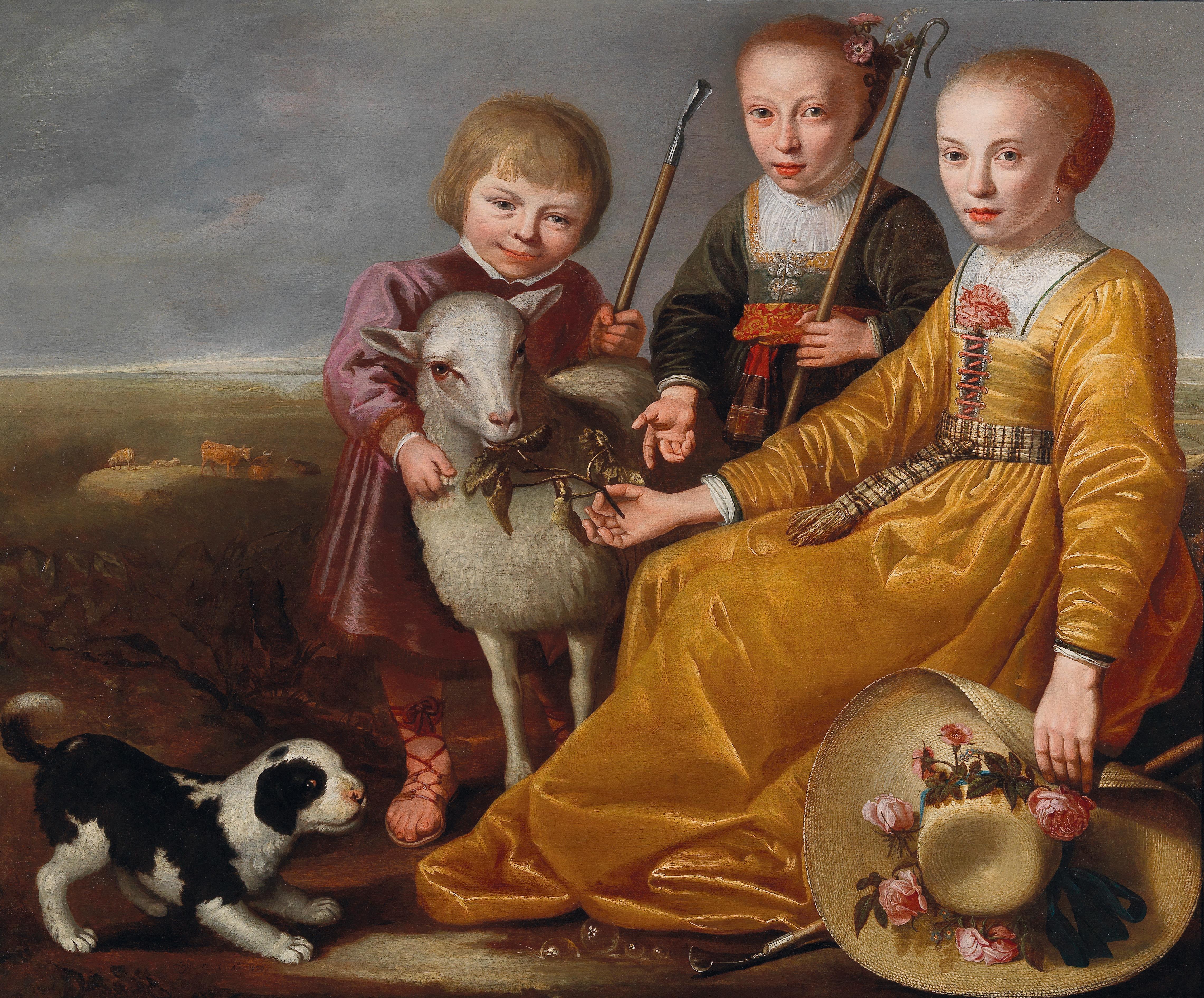 26 Jacob Gerritsz. Cuyp Drei Kinder mit einer Ziege und einem H?ndchen in einer Landschaft,.jpg