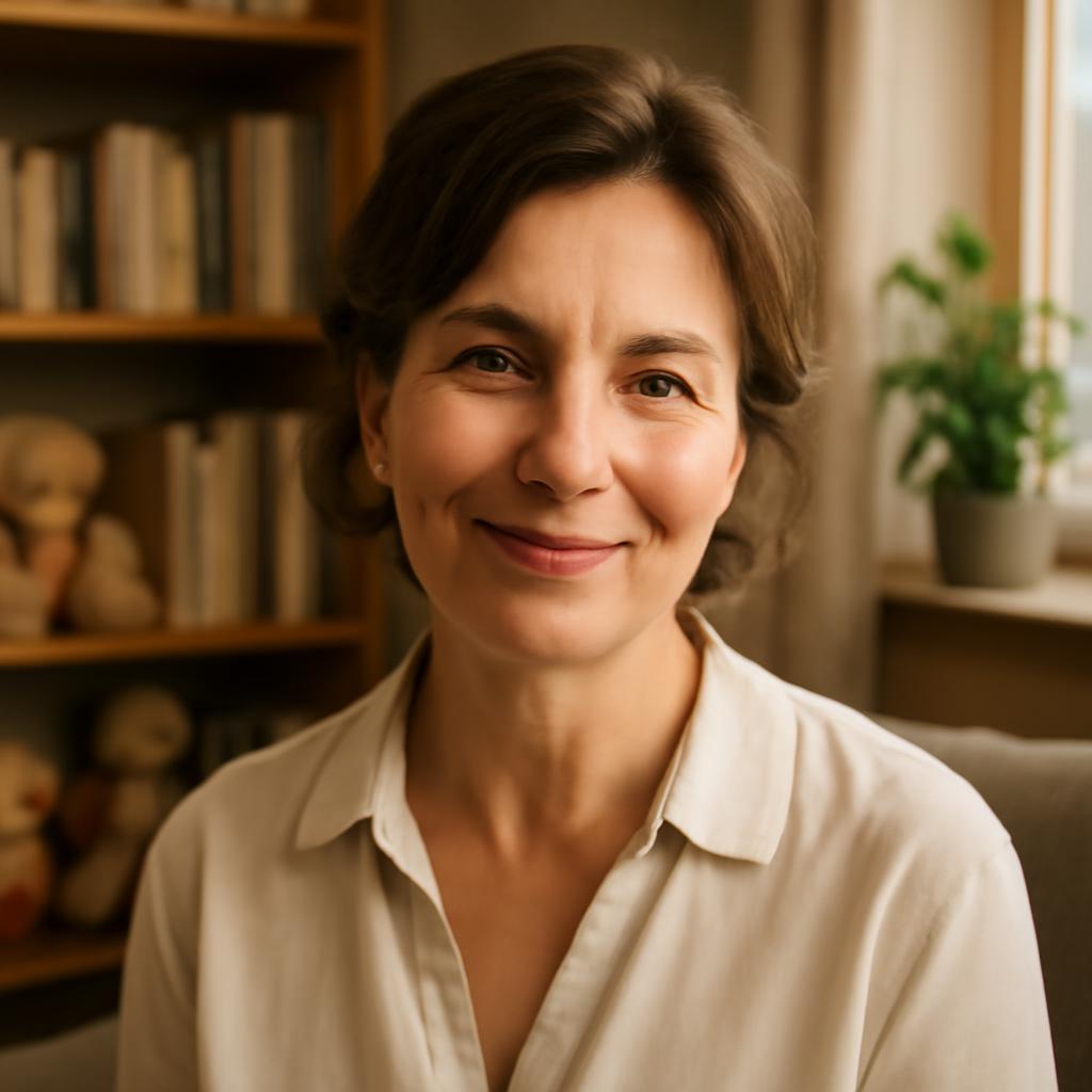 Елена Воробьева — портрет автора статьи, женщина около 45 лет с теплой улыбкой, в светлой блузке, на фоне уютного психологического кабинета