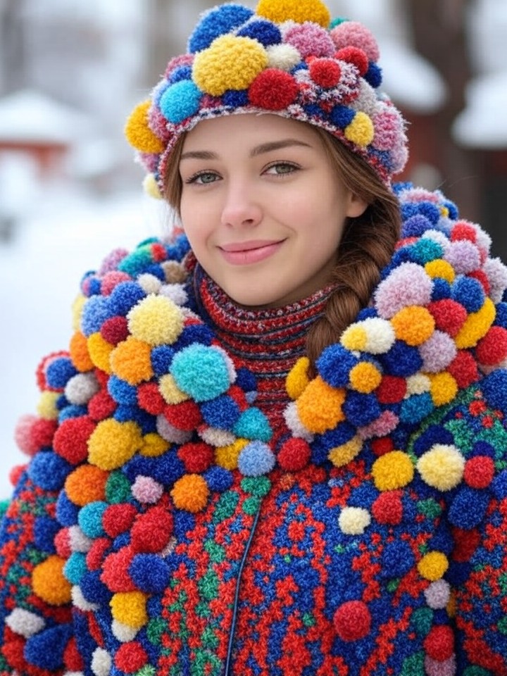 Современные помпоны на одежде и аксессуарах в российском стиле