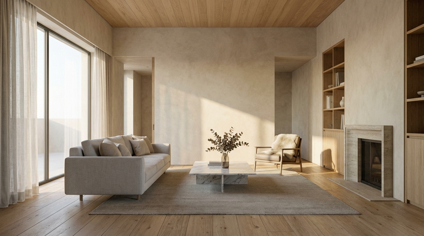 Пример элитного интерьера в стиле тихой роскоши с нейтральными тонами и натуральными материалами