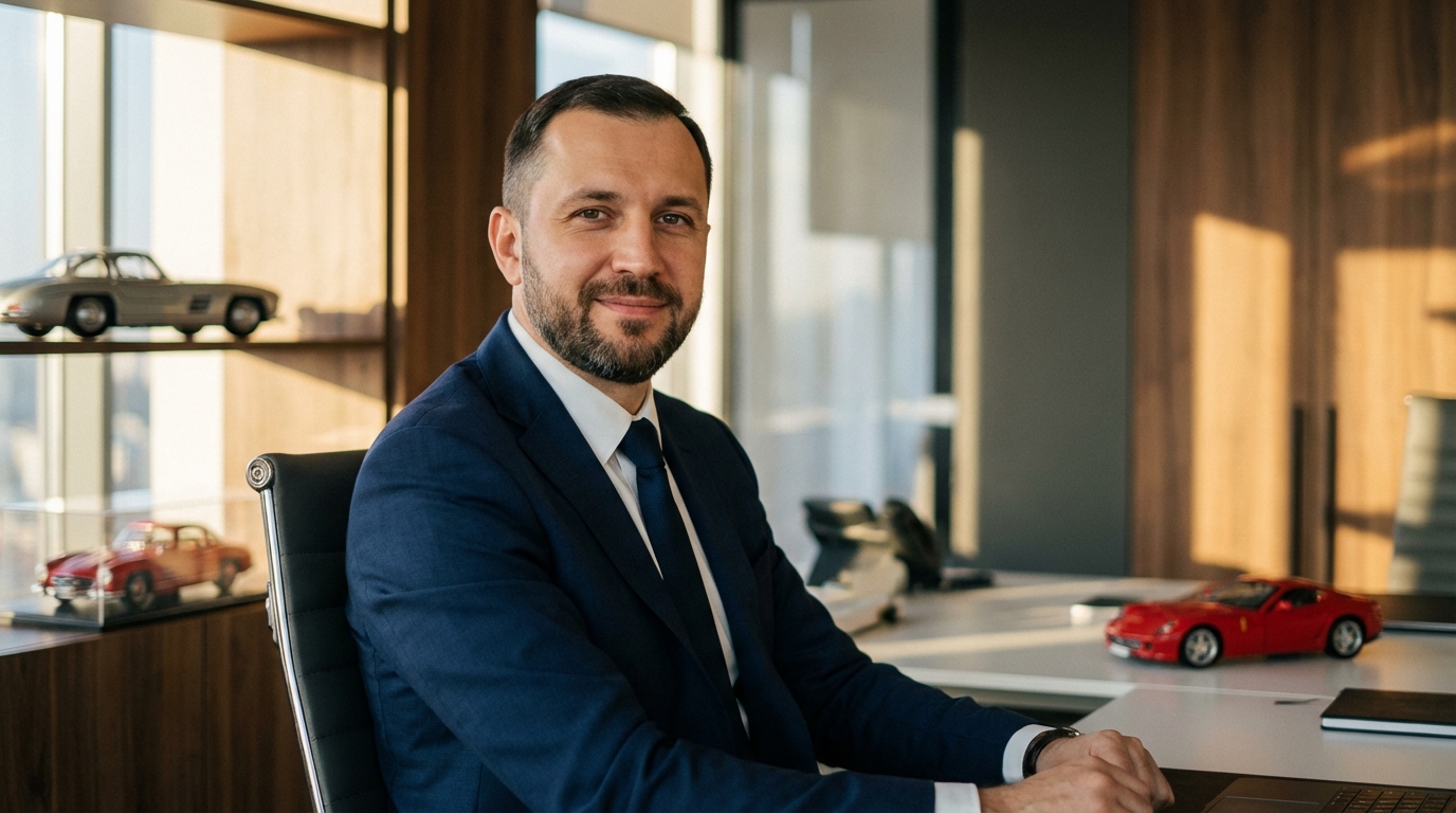 Дмитрий Соколов — портрет автора в деловом стиле, фото на фоне офиса с моделями автомобилей