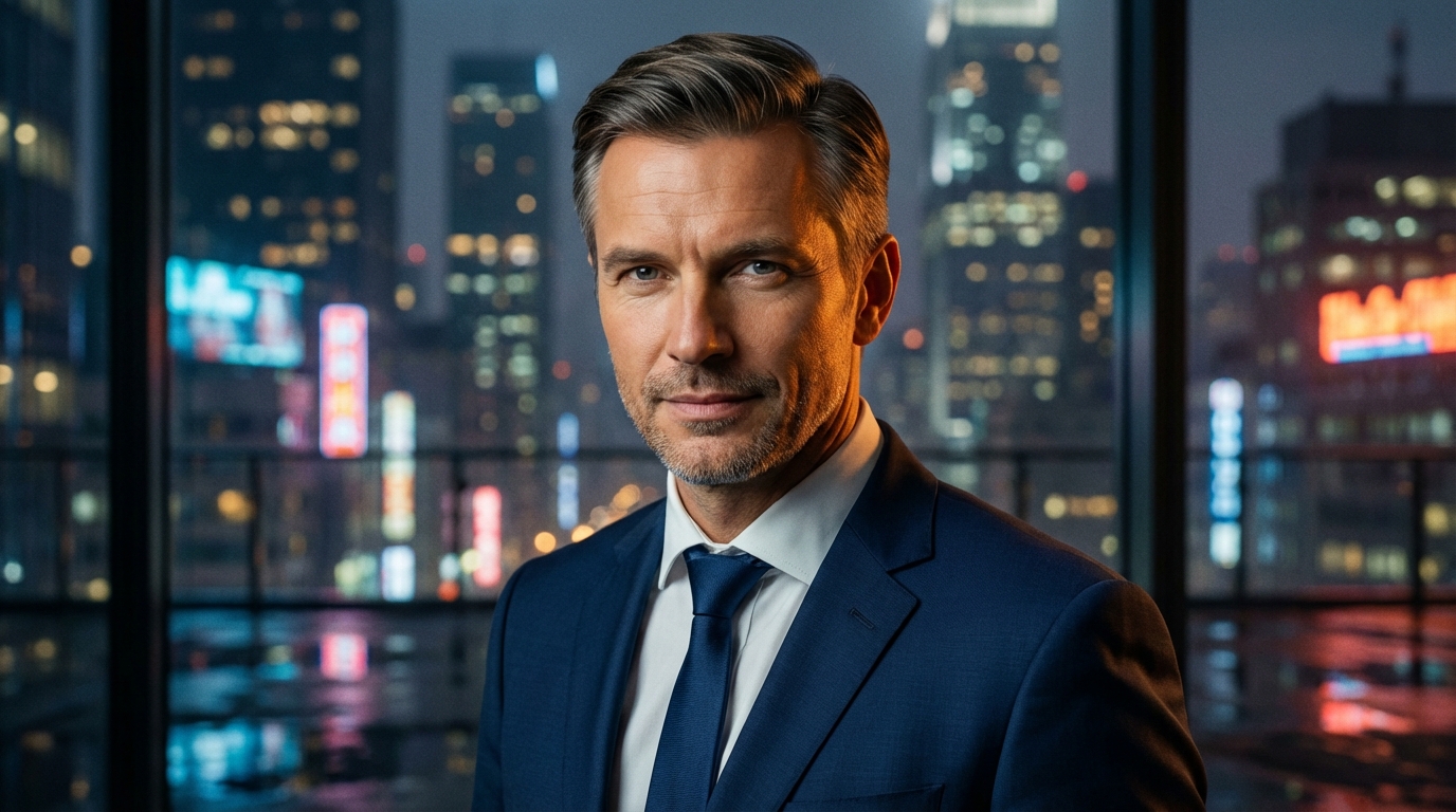 Дмитрий Соколов — портрет автора в деловом стиле на фоне городских огней