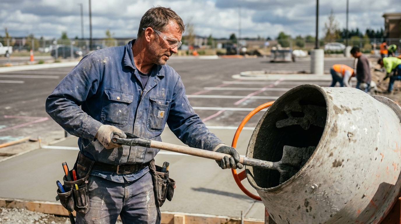 Эксперт смешивает бетон для заливки парковки
