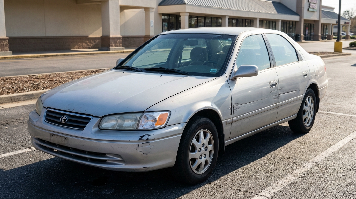 Автомобиль с видимыми повреждениями на парковке, готовый к продаже в текущем состоянии