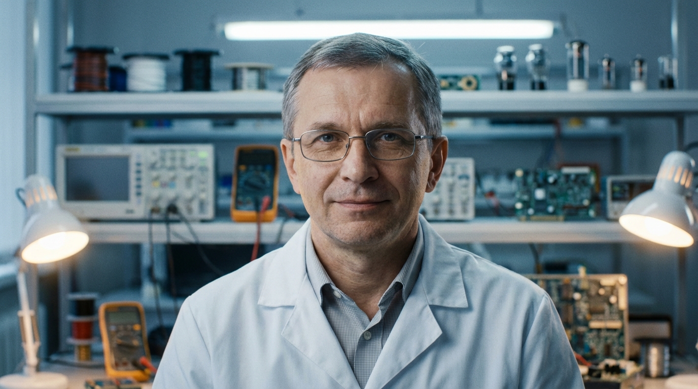 Дмитрий Козлов — портрет автора в лабораторной обстановке с электротехническим оборудованием