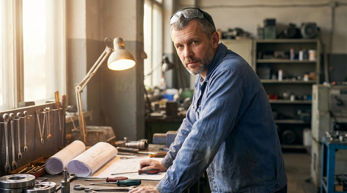 Дмитрий Козлов — портрет инженера в мастерской с инструментами