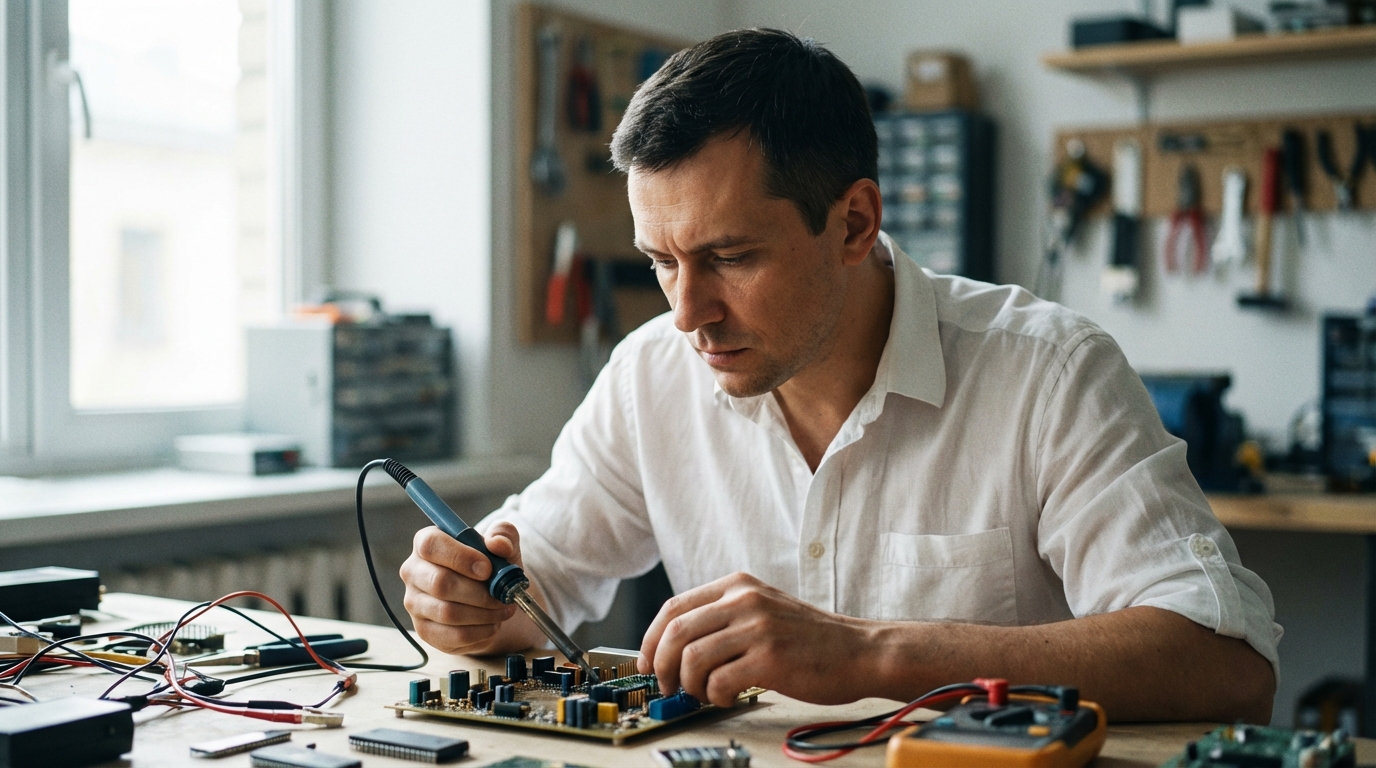 Дмитрий Смирнов — портрет инженера за работой с электронными схемами