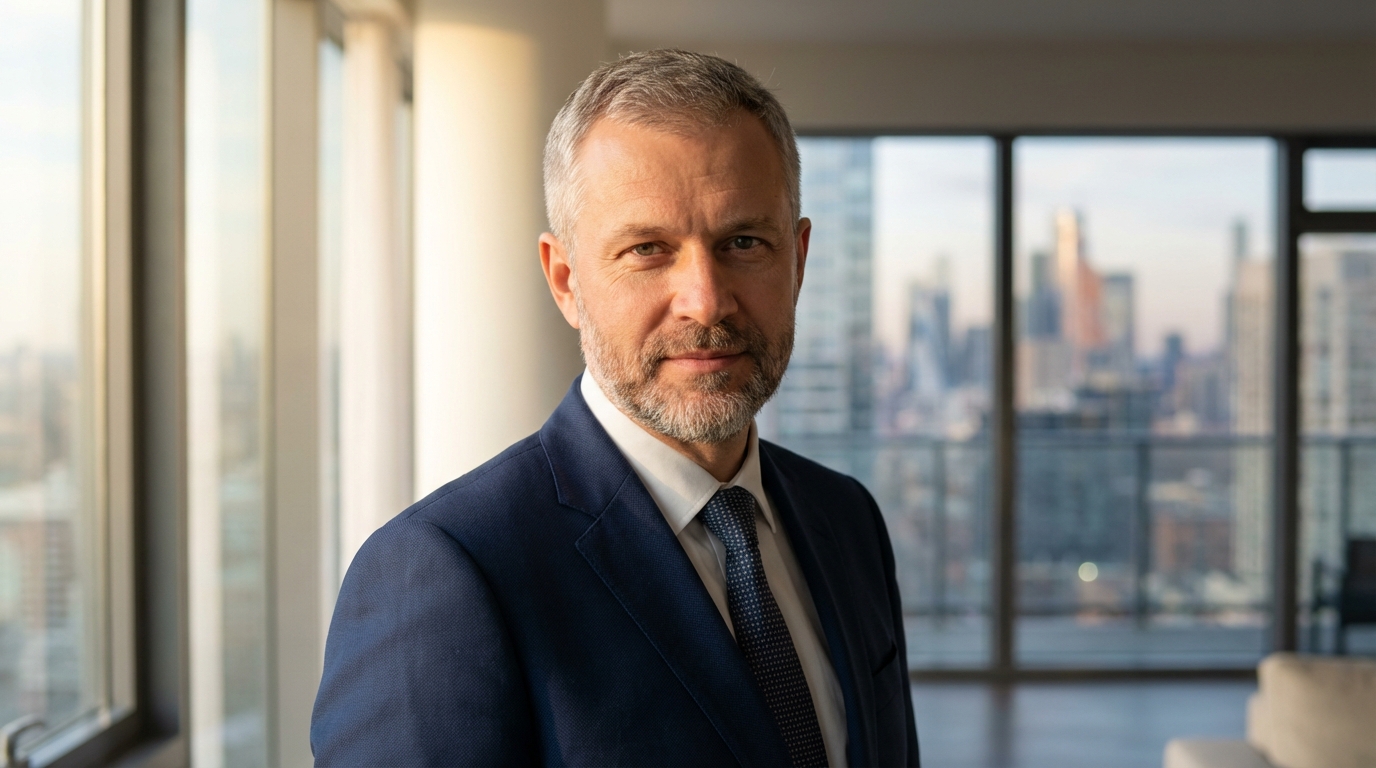 Дмитрий Козлов — портрет автора статьи, фото мужчины средних лет в деловом костюме на фоне современного дома