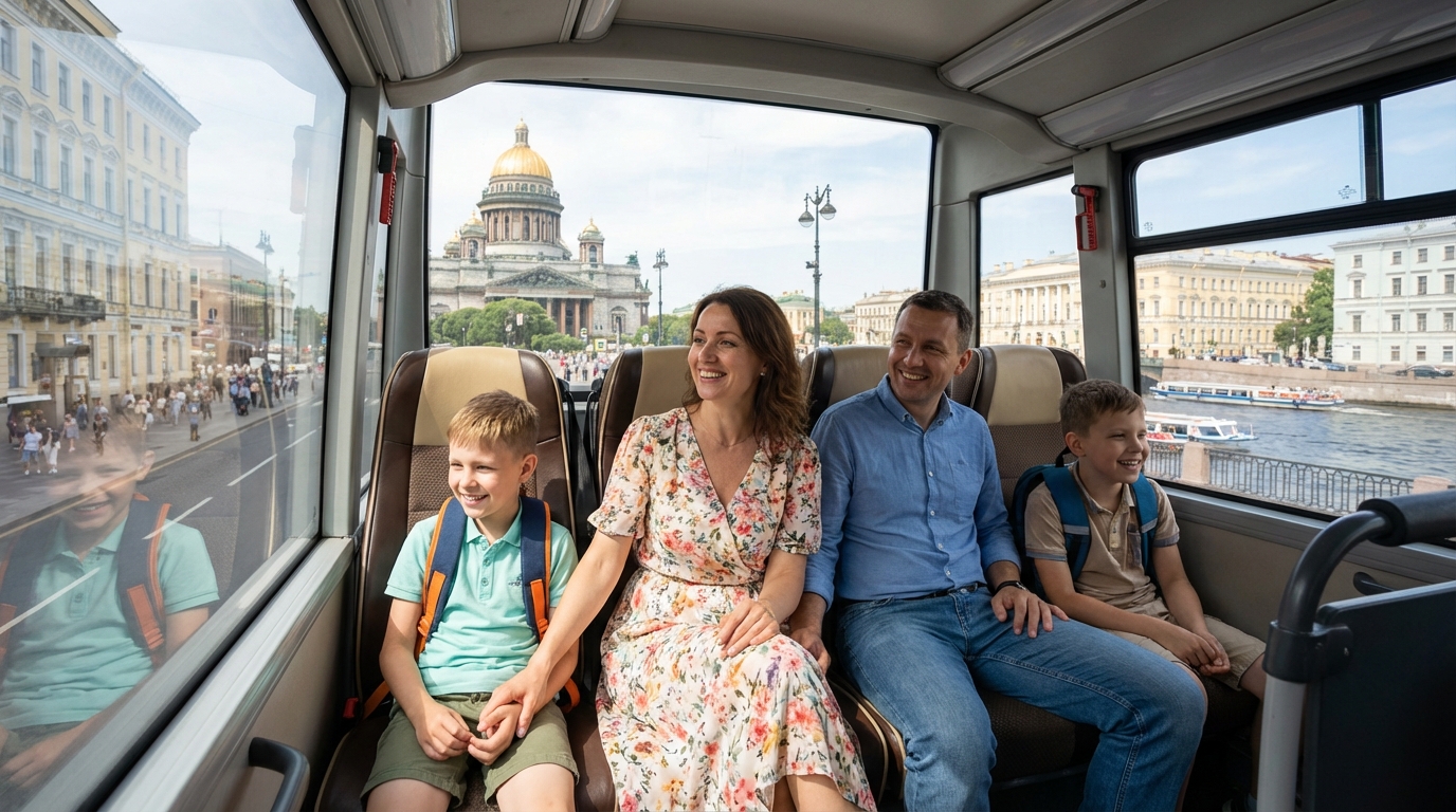 Семья на автобусной экскурсии по Петербургу