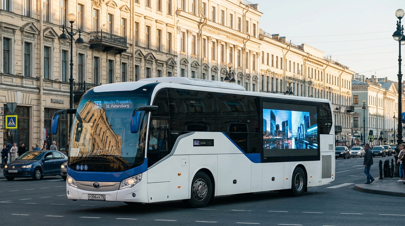 Современный экскурсионный автобус с цифровыми экранами в Санкт-Петербурге
