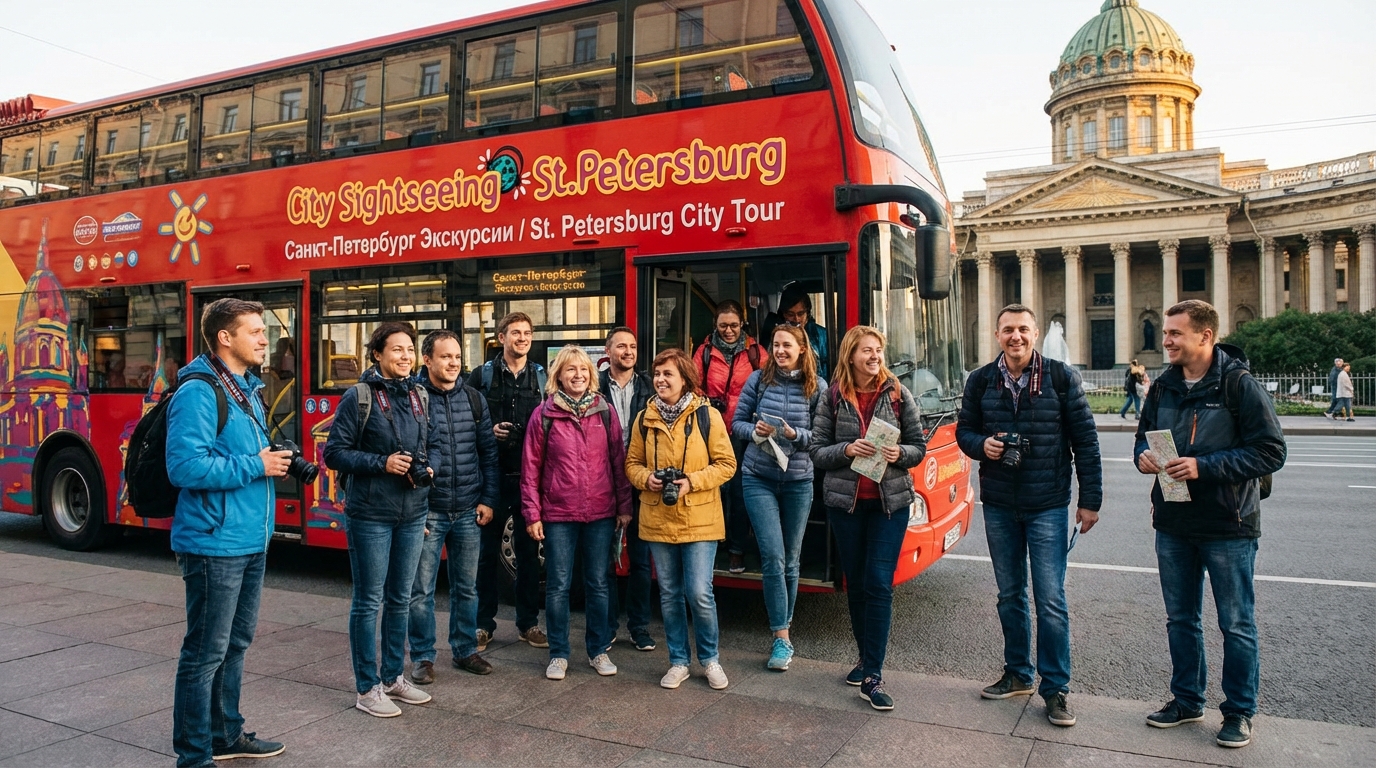 Группа туристов на автобусной экскурсии в Санкт-Петербурге