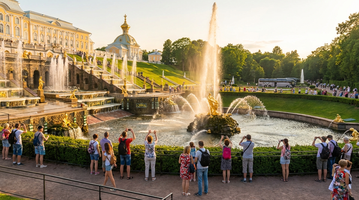 Фонтаны Петергофа во время автобусной экскурсии